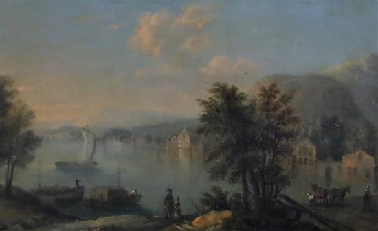 18th century French School River landscape with figures overlooking a hay barge and houses 7.5 x 12.5in.